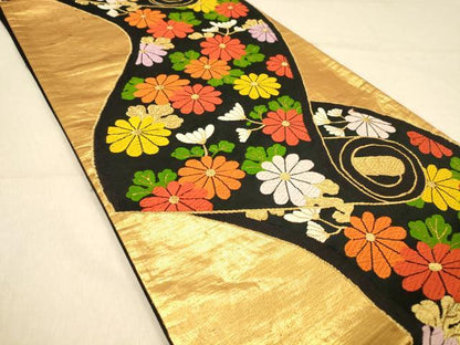 平和屋着物◎六通柄袋帯　絵巻枝菊文　黒地　金糸　正絹　逸品　DAAZ3875jm