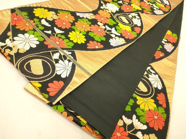 平和屋着物◎六通柄袋帯　絵巻枝菊文　黒地　金糸　正絹　逸品　DAAZ3875jm