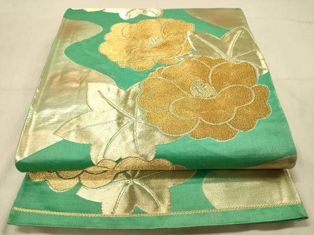 平和屋着物◎六通柄袋帯　流水花文　牡丹　金糸　正絹　逸品　DAAZ3885jm