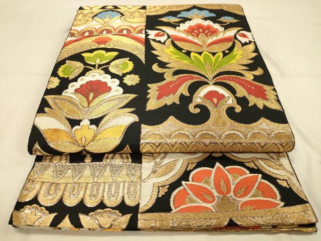 平和屋着物◎六通柄袋帯　更紗花文　黒地　金糸　正絹　逸品　DAAZ3890jm