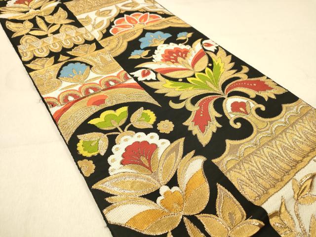平和屋着物◎六通柄袋帯　更紗花文　黒地　金糸　正絹　逸品　DAAZ3890jm