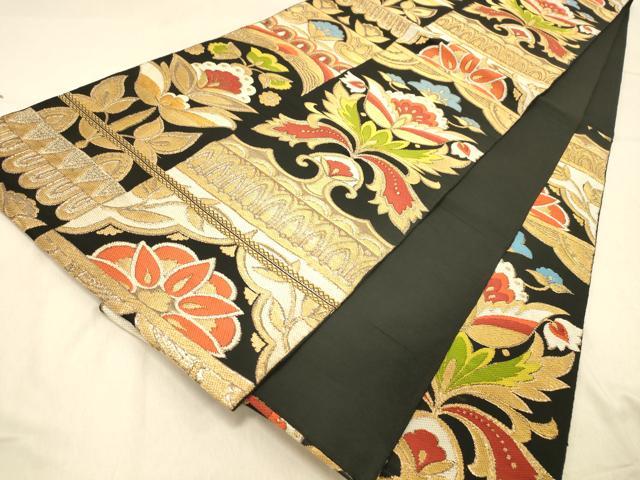 平和屋着物◎六通柄袋帯　更紗花文　黒地　金糸　正絹　逸品　DAAZ3890jm