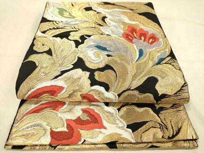 平和屋着物◎六通柄　本袋帯　更紗花文　黒地　金銀糸　正絹　逸品　DAAZ3901jm