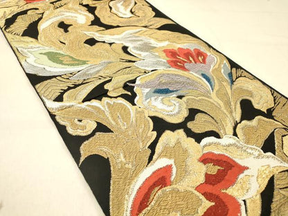 平和屋着物◎六通柄　本袋帯　更紗花文　黒地　金銀糸　正絹　逸品　DAAZ3901jm