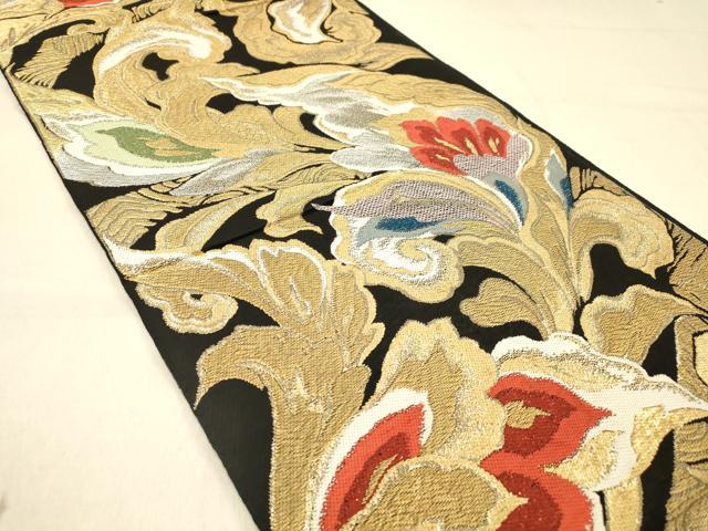 平和屋着物◎六通柄　本袋帯　更紗花文　黒地　金銀糸　正絹　逸品　DAAZ3901jm