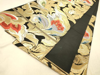 平和屋着物◎六通柄　本袋帯　更紗花文　黒地　金銀糸　正絹　逸品　DAAZ3901jm