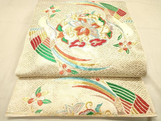 平和屋着物◎六通柄　本袋帯　別織　向双鳥文錦　更紗花鳥文　金糸　正絹　逸品　DAAZ3978jm
