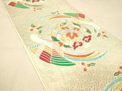 平和屋着物◎六通柄　本袋帯　別織　向双鳥文錦　更紗花鳥文　金糸　正絹　逸品　DAAZ3978jm