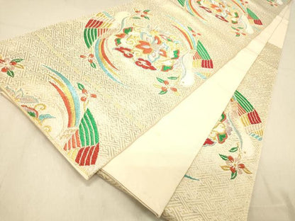 平和屋着物◎六通柄　本袋帯　別織　向双鳥文錦　更紗花鳥文　金糸　正絹　逸品　DAAZ3978jm