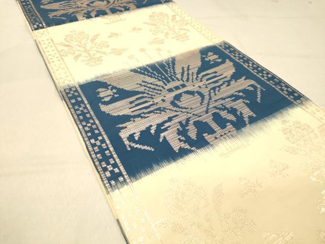 平和屋着物◎両面 六通柄袋帯 横段更紗花文 金糸 正絹