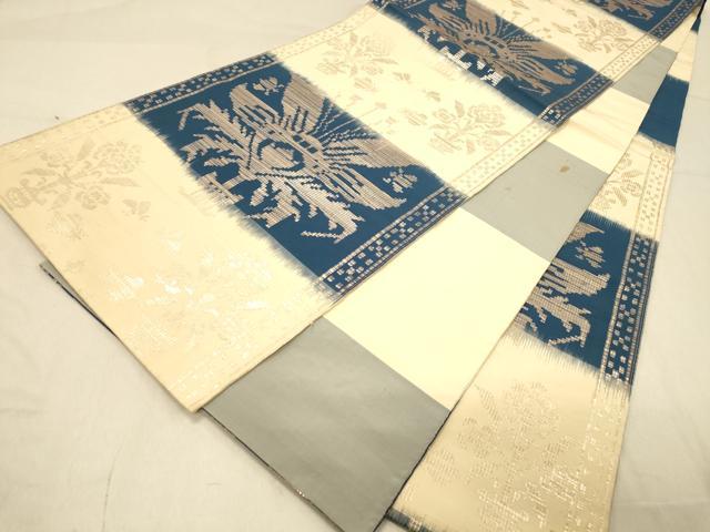 お値下げ　青い更紗柄 六通袋帯 幅31cm 長さ416cm 平和屋着物◎両面 六通柄袋帯 横段更紗花文 金糸 正絹