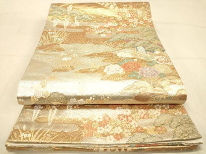 平和屋着物◎六通柄袋帯 重ね山吉祥花文 金銀糸 正絹 逸品 DAAZ3987jm