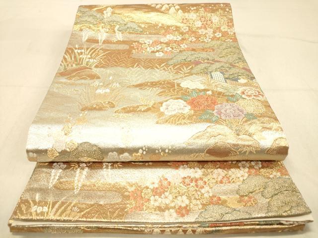 平和屋着物◎六通柄袋帯 重ね山吉祥花文 金銀糸 正絹 逸品 DAAZ3987jm