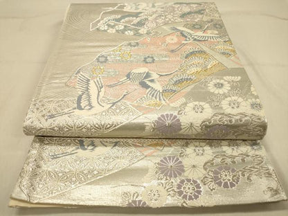 平和屋着物◎六通柄袋帯　唐織　地紙飛鶴花文　金銀糸　正絹　逸品　DAAZ3989jm