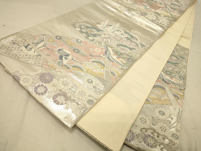 平和屋着物◎六通柄袋帯　唐織　地紙飛鶴花文　金銀糸　正絹　逸品　DAAZ3989jm