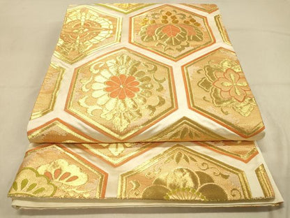 平和屋着物◎六通柄袋帯　唐織　亀甲花文　金糸　正絹　逸品　DAAZ3997jm