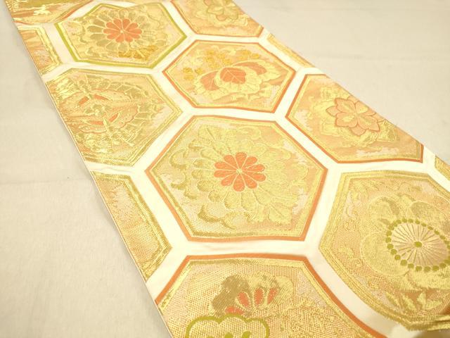 平和屋着物◎六通柄袋帯　唐織　亀甲花文　金糸　正絹　逸品　DAAZ3997jm