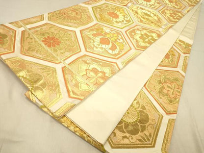 平和屋着物◎六通柄袋帯　唐織　亀甲花文　金糸　正絹　逸品　DAAZ3997jm
