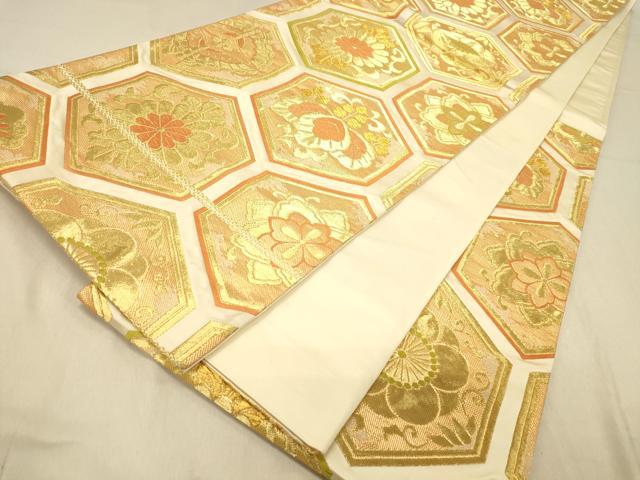 平和屋着物◎六通柄袋帯　唐織　亀甲花文　金糸　正絹　逸品　DAAZ3997jm
