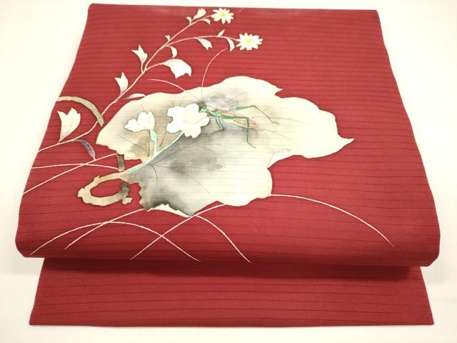 平和屋着物＊夏物 路塩瀬 つけ帯 手描き 飛蝗草花文 正絹 逸品 DAAZ4006cm