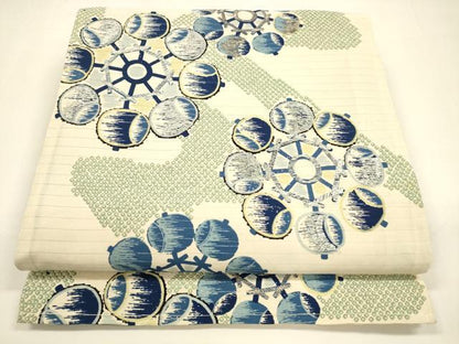 平和屋着物＊夏物　アンティーク　大正ロマン　両面　六通柄袋帯　駒刺繍　流水鹿の子水車文　籬草花文　金銀彩　正絹　逸品　DAAZ4010cm