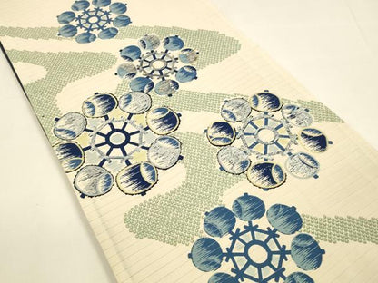 平和屋着物＊夏物　アンティーク　大正ロマン　両面　六通柄袋帯　駒刺繍　流水鹿の子水車文　籬草花文　金銀彩　正絹　逸品　DAAZ4010cm