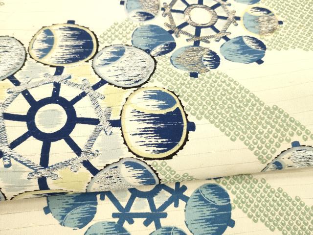 平和屋着物＊夏物　アンティーク　大正ロマン　両面　六通柄袋帯　駒刺繍　流水鹿の子水車文　籬草花文　金銀彩　正絹　逸品　DAAZ4010cm