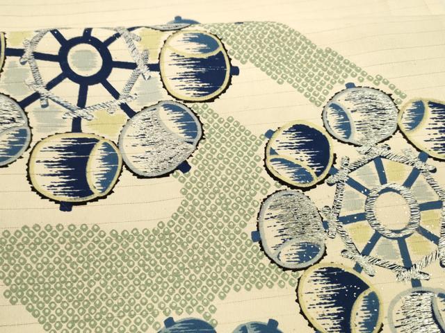 平和屋着物＊夏物　アンティーク　大正ロマン　両面　六通柄袋帯　駒刺繍　流水鹿の子水車文　籬草花文　金銀彩　正絹　逸品　DAAZ4010cm