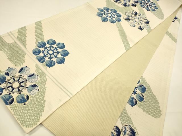 平和屋着物＊夏物　アンティーク　大正ロマン　両面　六通柄袋帯　駒刺繍　流水鹿の子水車文　籬草花文　金銀彩　正絹　逸品　DAAZ4010cm