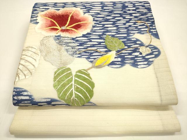 平和屋着物＊夏物 アンティーク 大正ロマン 丸帯 引き抜き帯 絽縮緬 駒刺繍 蔦の葉花文 銀糸 正絹 逸品 DAAZ4012cm