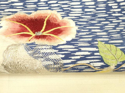 平和屋着物＊夏物 アンティーク 大正ロマン 丸帯 引き抜き帯 絽縮緬 駒刺繍 蔦の葉花文 銀糸 正絹 逸品 DAAZ4012cm