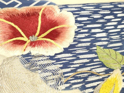 平和屋着物＊夏物 アンティーク 大正ロマン 丸帯 引き抜き帯 絽縮緬 駒刺繍 蔦の葉花文 銀糸 正絹 逸品 DAAZ4012cm