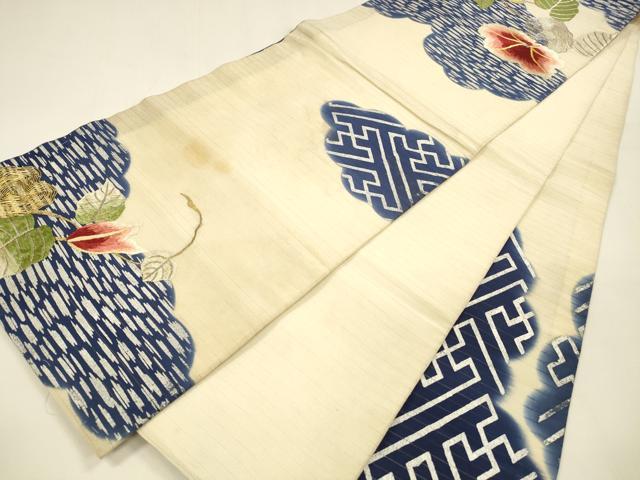 平和屋着物＊夏物 アンティーク 大正ロマン 丸帯 引き抜き帯 絽縮緬 駒刺繍 蔦の葉花文 銀糸 正絹 逸品 DAAZ4012cm