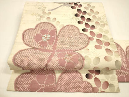 平和屋着物＊夏物 アンティーク 大正ロマン 九寸名古屋帯 変わり絽縮緬 駒刺繍 鹿の子蜻蛉花文 銀彩 正絹 逸品 DAAZ4013cm