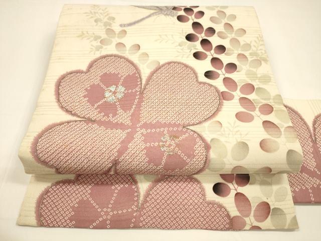 平和屋着物＊夏物 アンティーク 大正ロマン 九寸名古屋帯 変わり絽縮緬 駒刺繍 鹿の子蜻蛉花文 銀彩 正絹 逸品 DAAZ4013cm