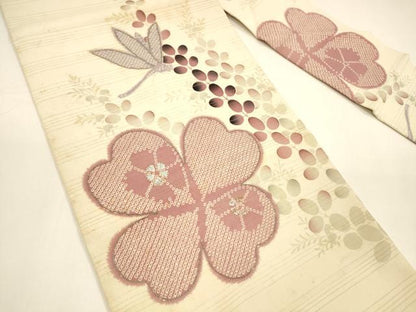 平和屋着物＊夏物 アンティーク 大正ロマン 九寸名古屋帯 変わり絽縮緬 駒刺繍 鹿の子蜻蛉花文 銀彩 正絹 逸品 DAAZ4013cm