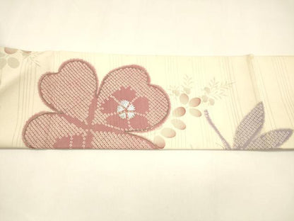 平和屋着物＊夏物 アンティーク 大正ロマン 九寸名古屋帯 変わり絽縮緬 駒刺繍 鹿の子蜻蛉花文 銀彩 正絹 逸品 DAAZ4013cm