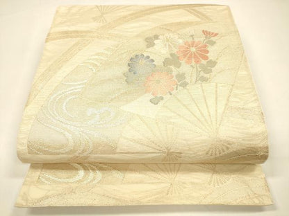 平和屋着物＊夏物 六通柄袋帯 扇面流水草花文 金糸 正絹 逸品 DAAZ4019cm