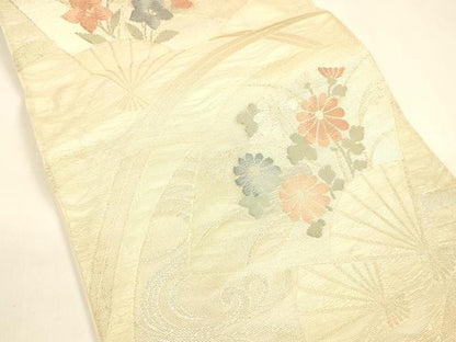 平和屋着物＊夏物 六通柄袋帯 扇面流水草花文 金糸 正絹 逸品 DAAZ4019cm