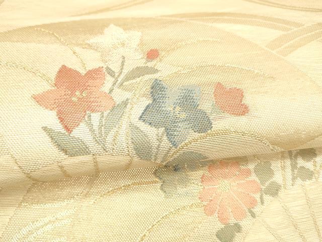 平和屋着物＊夏物 六通柄袋帯 扇面流水草花文 金糸 正絹 逸品 DAAZ4019cm