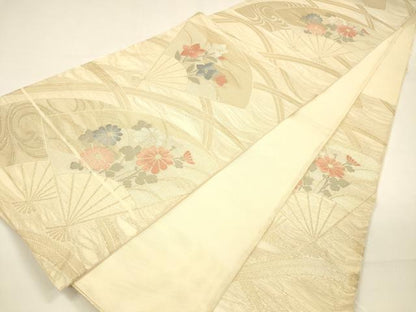 平和屋着物＊夏物 六通柄袋帯 扇面流水草花文 金糸 正絹 逸品 DAAZ4019cm