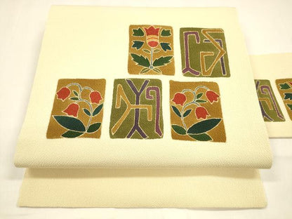 平和屋着物●九寸名古屋帯 刺繍 抽象草花文 金彩 鬼しぼ縮緬 正絹 逸品 DAAZ4050cm