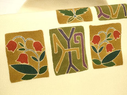 平和屋着物●九寸名古屋帯 刺繍 抽象草花文 金彩 鬼しぼ縮緬 正絹 逸品 DAAZ4050cm
