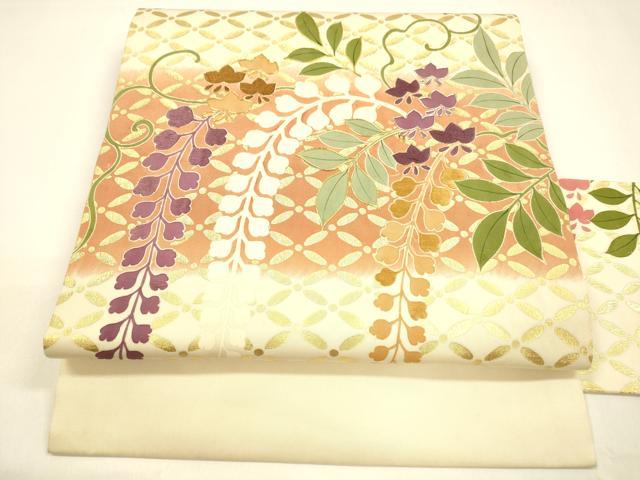 平和屋着物●塩瀬　九寸名古屋帯　駒刺繍　藤花房　金彩　正絹　逸品　DAAZ4070cm