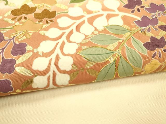 平和屋着物●塩瀬　九寸名古屋帯　駒刺繍　藤花房　金彩　正絹　逸品　DAAZ4070cm