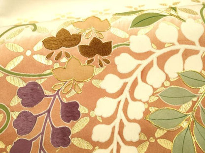 平和屋着物●塩瀬　九寸名古屋帯　駒刺繍　藤花房　金彩　正絹　逸品　DAAZ4070cm