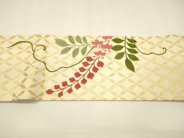 平和屋着物●塩瀬　九寸名古屋帯　駒刺繍　藤花房　金彩　正絹　逸品　DAAZ4070cm