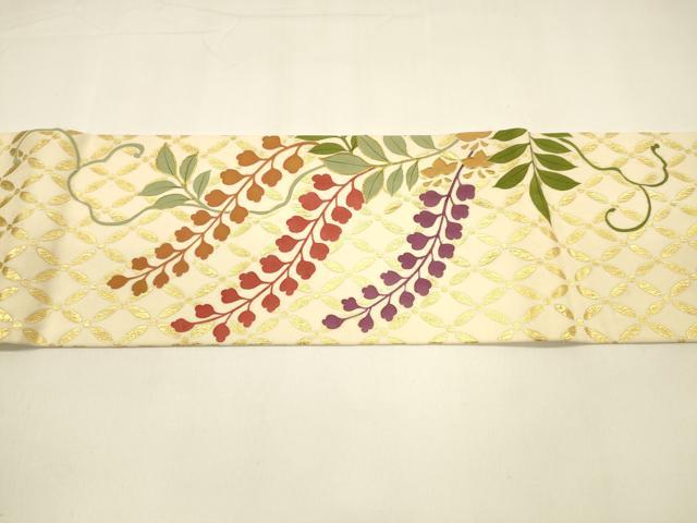 平和屋着物●塩瀬　九寸名古屋帯　駒刺繍　藤花房　金彩　正絹　逸品　DAAZ4070cm