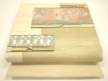 平和屋着物▽手彫木版染 佐伯武晴 スリーシーズン 春夏秋 太鼓柄袋帯 紬地 流水飛鳥文 金糸 やまと誂製 正絹 逸品 DAAZ4078cm