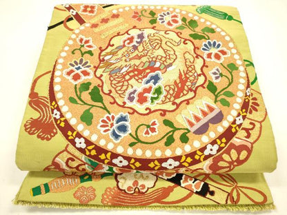 平和屋着物●爪掻き本綴れ 太鼓柄袋帯 草花楽器龍文 金糸 正絹 逸品 DAAZ4081cm